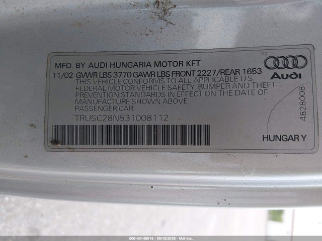 45146016 :رقم المزاد ، TRUSC28N531008112 vin ، 2003 Audi Tt 1.8l مزاد بيع
