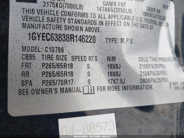Продажа на аукционе авто 2008 Cadillac Escalade Standard, vin: 1GYEC63838R146220, номер лота: 45146024