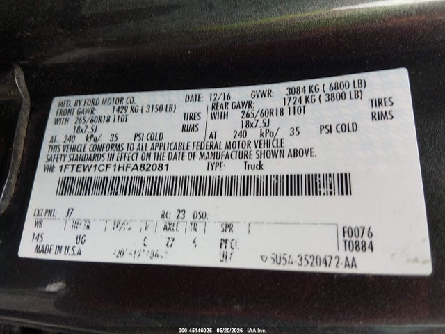 Aukcja sprzedaży 2017 Ford F-150 Xlt, vin: 1FTEW1CF1HFA82081, numer aukcji: 45146025