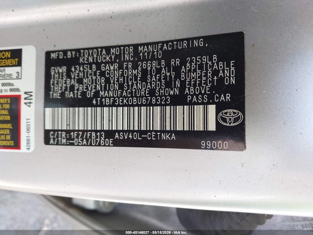45146027 :رقم المزاد ، 4T1BF3EK0BU678323 vin ، 2011 Toyota Camry مزاد بيع