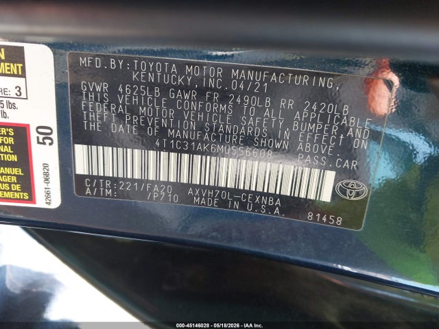 Продаж на аукціоні авто 2021 Toyota Camry Le Hybrid, vin: 4T1C31AK6MU556608, номер лоту: 45146028