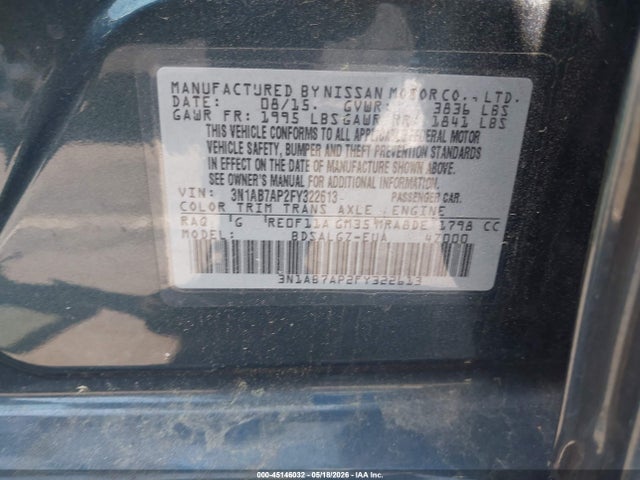 Aukcja sprzedaży 2015 Nissan Sentra Sl, vin: 3N1AB7AP2FY322613, numer aukcji: 45146032
