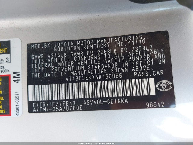 Aukcja sprzedaży 2011 Toyota Camry Le, vin: 4T4BF3EKXBR160886, numer aukcji: 45146036
