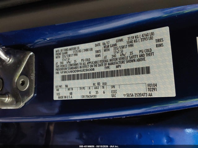 2017 Ford Escape Se მანქანა იყიდება აუქციონზე, vin: 1FMCU9GD9HUE50308, აუქციონის ნომერი: 45146038