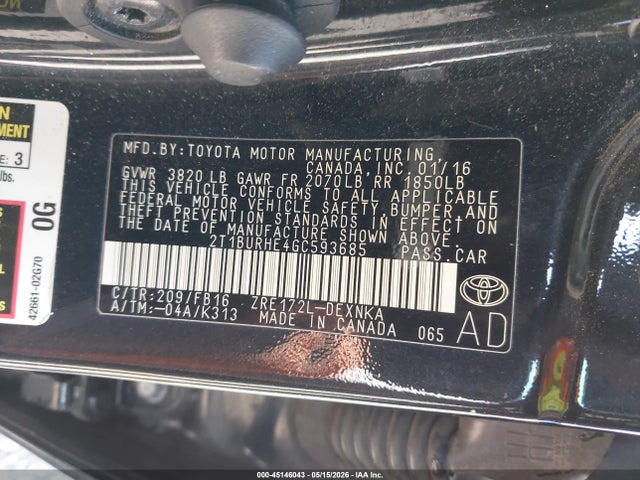 Aukcja sprzedaży 2016 Toyota Corolla Le Plus, vin: 2T1BURHE4GC593685, numer aukcji: 45146043