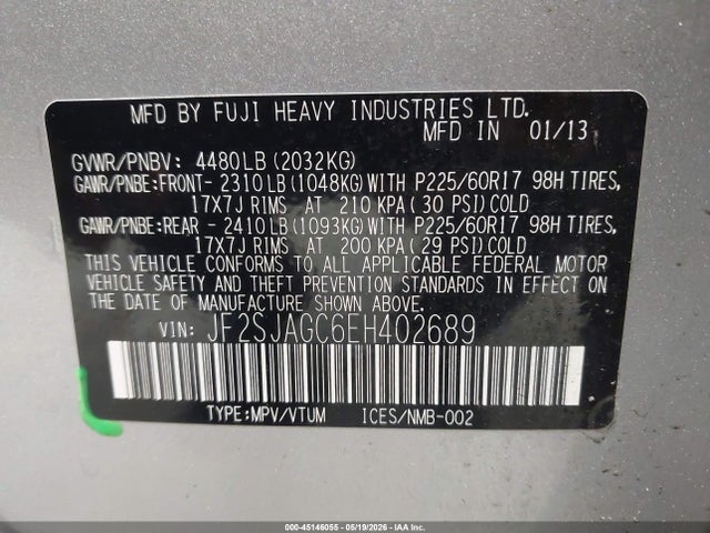2014 Subaru Forester 2.5i Premium მანქანა იყიდება აუქციონზე, vin: JF2SJAGC6EH402689, აუქციონის ნომერი: 45146055