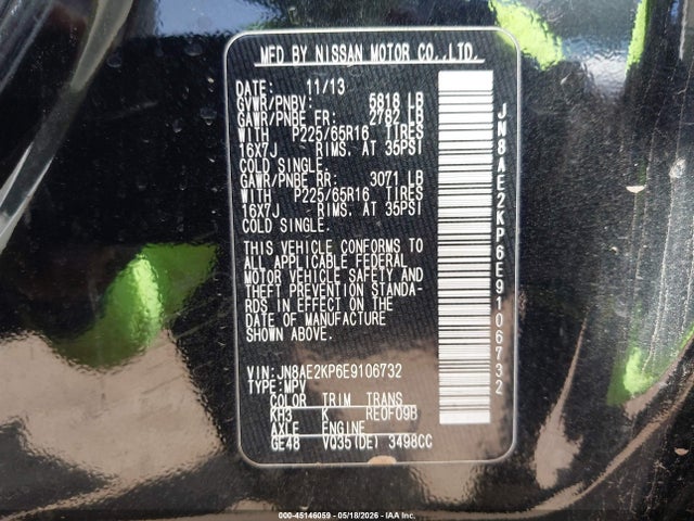 Aukcja sprzedaży 2014 Nissan Quest Sv, vin: JN8AE2KP6E9106732, numer aukcji: 45146059
