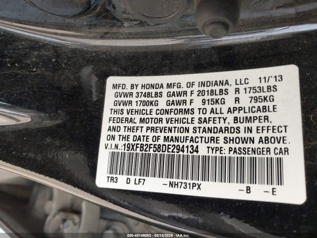 Aukcja sprzedaży 2013 Honda Civic Lx, vin: 19XFB2F58DE294134, numer aukcji: 45146063
