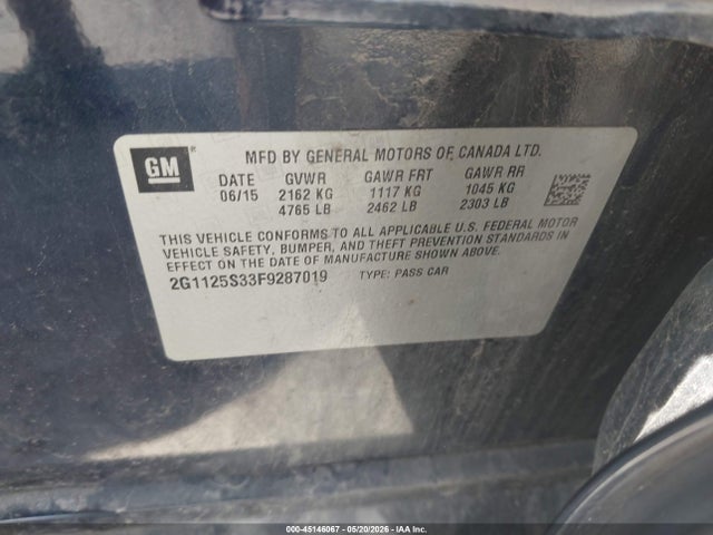 2015 Chevrolet Impala 2lt მანქანა იყიდება აუქციონზე, vin: 2G1125S33F9287019, აუქციონის ნომერი: 45146067