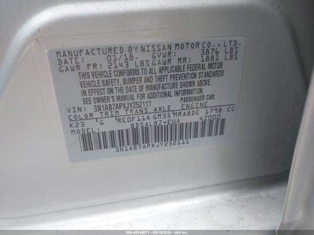 Продаж на аукціоні авто 2018 Nissan Sentra S, vin: 3N1AB7APXJY252111, номер лоту: 45146071