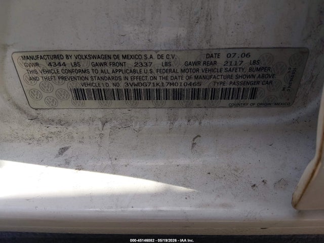 45146082 :رقم المزاد ، 3VWDG71K17M010465 vin ، 2007 Volkswagen Jetta 2.5 مزاد بيع