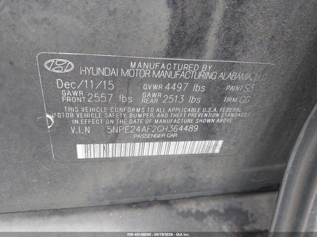 2016 Hyundai Sonata Se მანქანა იყიდება აუქციონზე, vin: 5NPE24AF2GH364489, აუქციონის ნომერი: 45146090