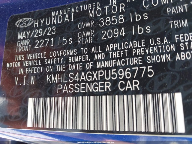 2023 Hyundai Elantra Sel მანქანა იყიდება აუქციონზე, vin: KMHLS4AGXPU596775, აუქციონის ნომერი: 45146095