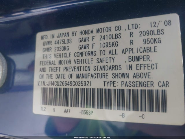 Aukcja sprzedaży 2009 Acura Tsx, vin: JH4CU26649C035921, numer aukcji: 45146101