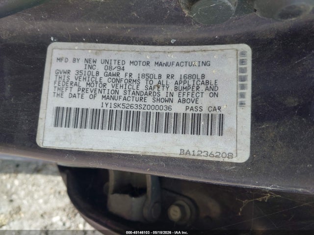 45146103 :رقم المزاد ، 1Y1SK5263SZ000036 vin ، 1995 Geo Prizm Lsi مزاد بيع
