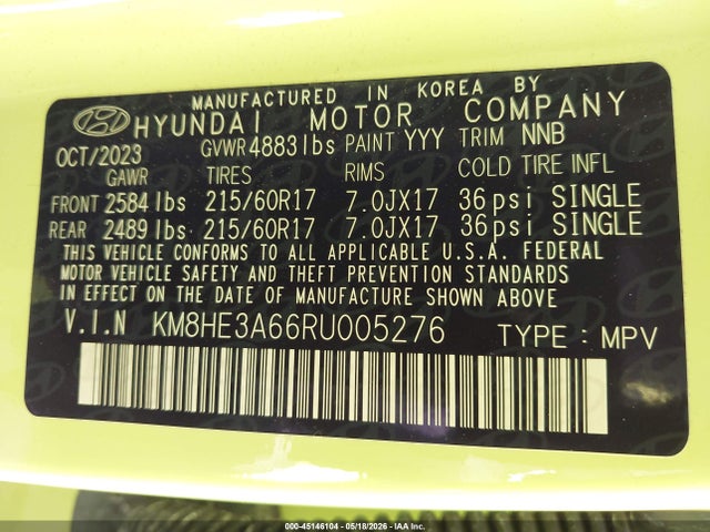 KM8HE3A66RU005276 Hyundai Kona Electric Limited