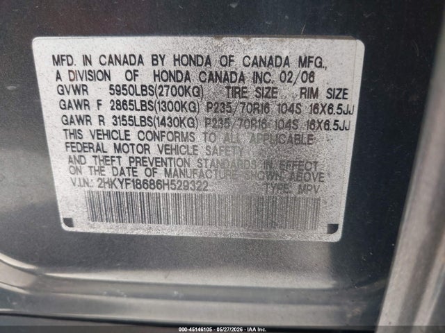 2006 Honda Pilot Ex-l მანქანა იყიდება აუქციონზე, vin: 2HKYF18686H529322, აუქციონის ნომერი: 45146105