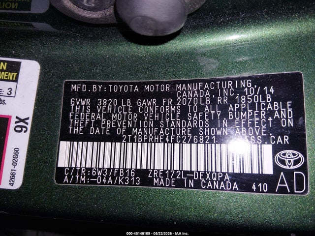 Aukcja sprzedaży 2015 Toyota Corolla Le Eco, vin: 2T1BPRHE4FC276821, numer aukcji: 45146109