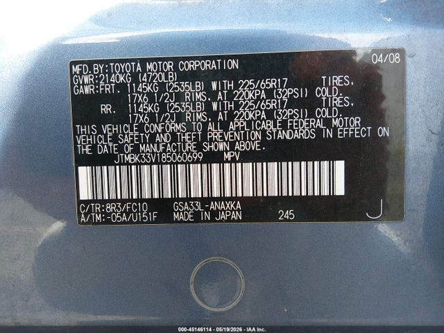 45146114 :رقم المزاد ، JTMBK33V185060699 vin ، 2008 Toyota Rav4 Base V6 مزاد بيع