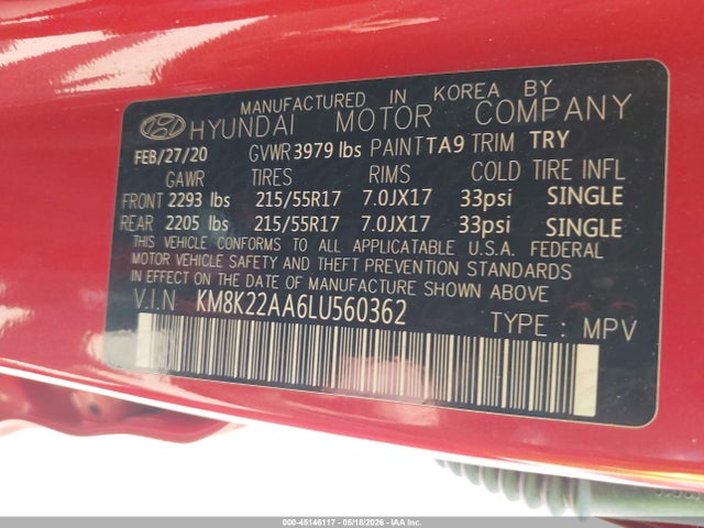 45146117 :رقم المزاد ، KM8K22AA6LU560362 vin ، 2020 Hyundai Kona Sel مزاد بيع