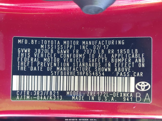 45146119 :رقم المزاد ، 5YFBURHE1HP654654 vin ، 2017 Toyota Corolla Le مزاد بيع