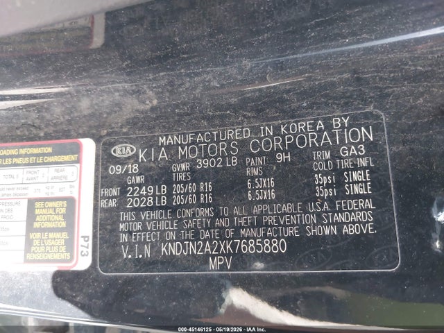 45146125 :رقم المزاد ، KNDJN2A2XK7685880 vin ، 2019 Kia Soul ! مزاد بيع