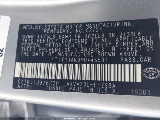 2021 Toyota Camry Se Nightshade Edition მანქანა იყიდება აუქციონზე, vin: 4T1T11AK8MU445581, აუქციონის ნომერი: 45146132