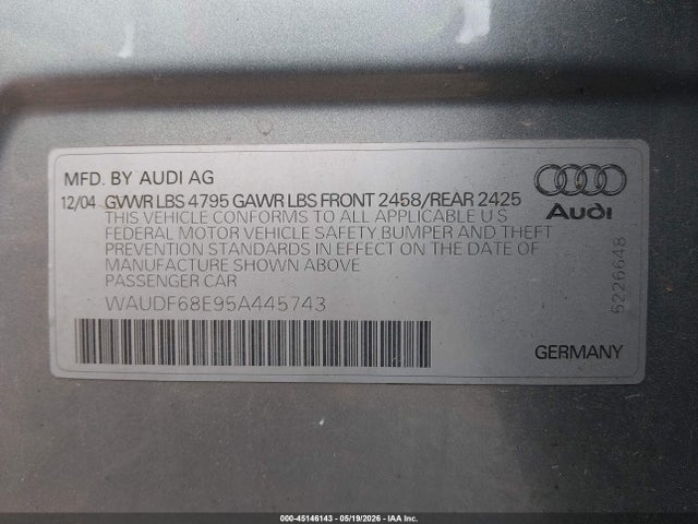 Aukcja sprzedaży 2005 Audi A4 2.0t, vin: WAUDF68E95A445743, numer aukcji: 45146143