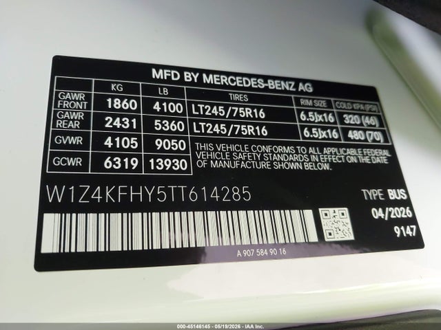 Aukcja sprzedaży 2026 Mercedes-benz Sprinter 2500 Standard Roof 4-cyl Diesel, vin: W1Z4KFHY5TT614285, numer aukcji: 45146145