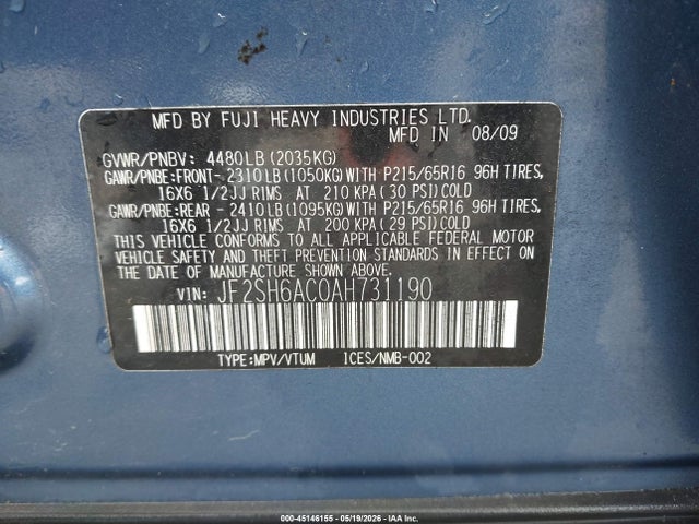 Продаж на аукціоні авто 2010 Subaru Forester 2.5x, vin: JF2SH6AC0AH731190, номер лоту: 45146155