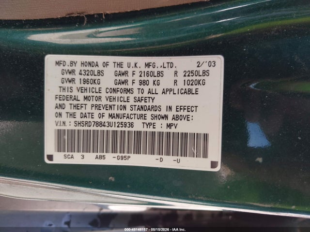 Aukcja sprzedaży 2003 Honda Cr-v Ex, vin: SHSRD78843U125936, numer aukcji: 45146157