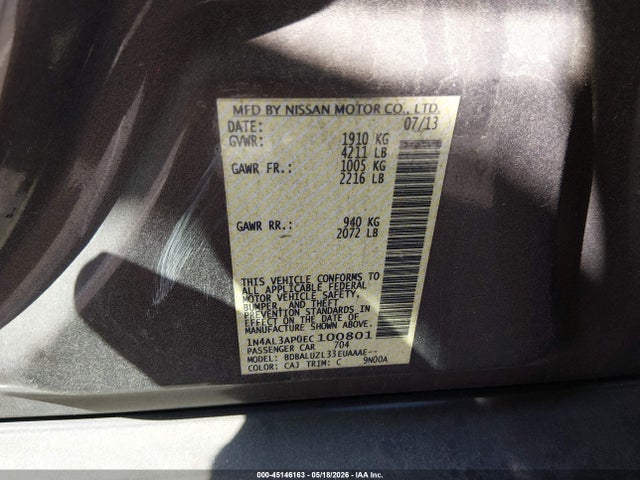 Aukcja sprzedaży 2014 Nissan Altima 2.5 Sv, vin: 1N4AL3AP0EC100801, numer aukcji: 45146163