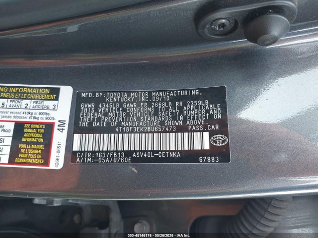 45146176 :رقم المزاد ، 4T1BF3EK2BU657473 vin ، 2011 Toyota Camry Le مزاد بيع