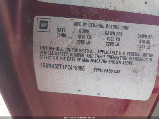 Продажа на аукционе авто 2000 Oldsmobile Alero Gx, vin: 1G3NK52T1YC416895, номер лота: 45146177