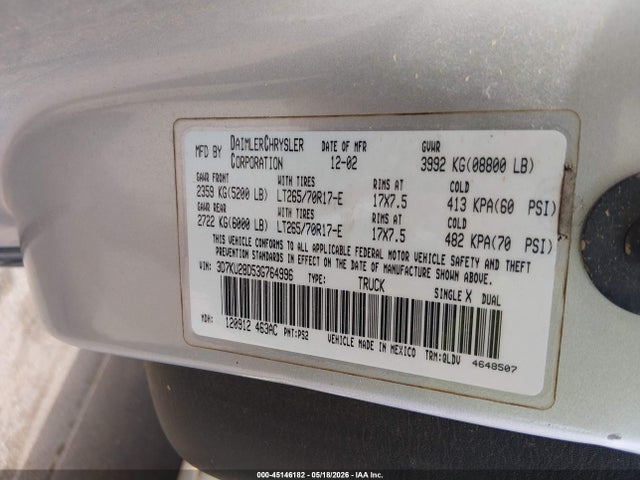 2003 Dodge Ram 2500 Slt/laramie/st მანქანა იყიდება აუქციონზე, vin: 3D7KU28D53G764996, აუქციონის ნომერი: 45146182