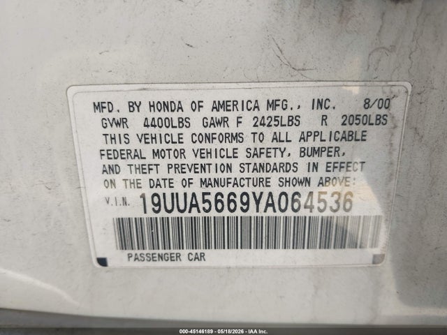 Aukcja sprzedaży 2000 Acura Tl 3.2, vin: 19UUA5669YA064536, numer aukcji: 45146189