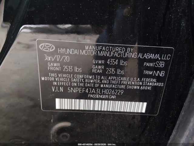 2020 Hyundai Sonata Sel მანქანა იყიდება აუქციონზე, vin: 5NPEF4JA3LH026229, აუქციონის ნომერი: 45146204