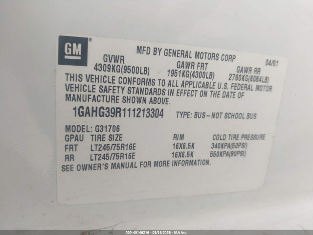 Продажа на аукционе авто 2001 Chevrolet Express, vin: 1GAHG39R111213304, номер лота: 45146216