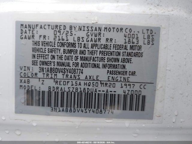 2025 Nissan Sentra Sr მანქანა იყიდება აუქციონზე, vin: 3N1AB8DV4SY408774, აუქციონის ნომერი: 45146218