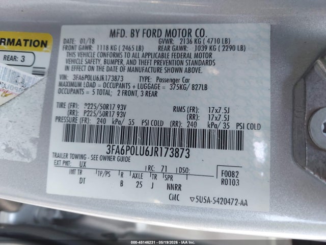 3FA6P0LU6JR173873 Ford Fusion Hybrid Se