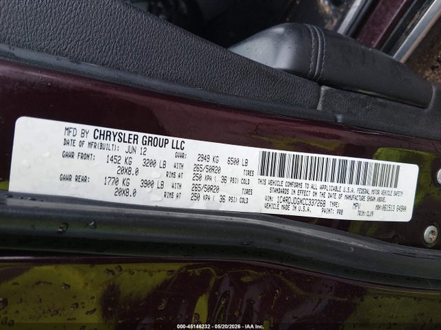 2012 Dodge Durango Crew მანქანა იყიდება აუქციონზე, vin: 1C4RDJDGXCC337268, აუქციონის ნომერი: 45146232