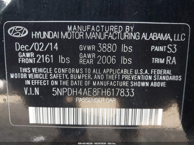 5NPDH4AE8FH617833 Hyundai ELANTRA SE