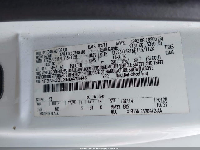 Продажа на аукционе авто 2011 Ford E-350 Super Duty Xlt, vin: 1FBNE3BLXBDA78446, номер лота: 45146252