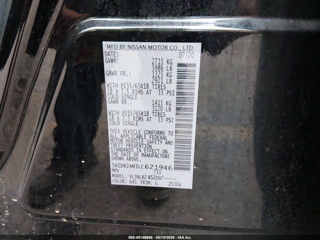 Aukcja sprzedaży 2020 Nissan Pathfinder S 4wd, vin: 5N1DR2AM3LC621946, numer aukcji: 45146262