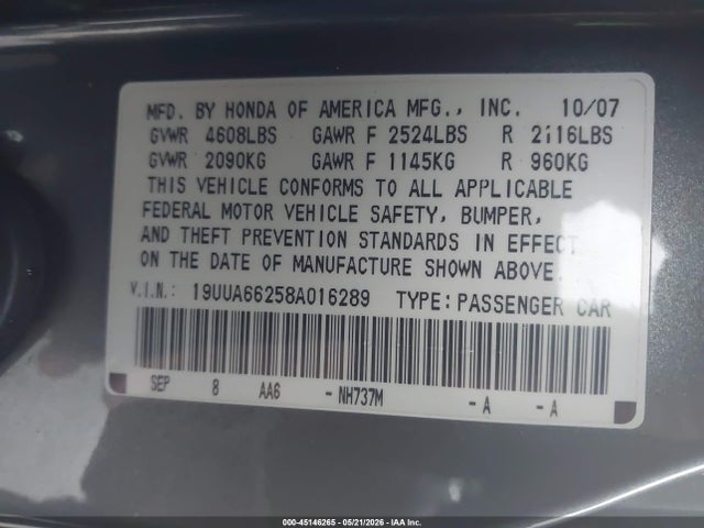 Aukcja sprzedaży 2008 Acura Tl 3.2, vin: 19UUA66258A016289, numer aukcji: 45146265