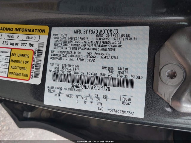 Aukcja sprzedaży 2019 Ford Fusion Se, vin: 3FA6P0HD1KR134120, numer aukcji: 45146269