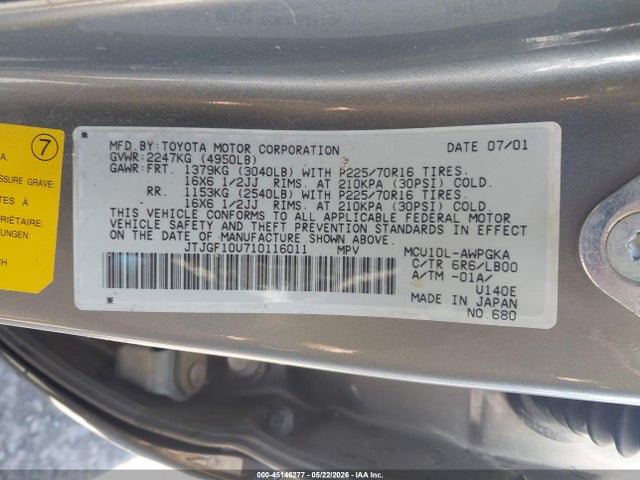 Aukcja sprzedaży 2001 Lexus Rx 300, vin: JTJGF10U710116011, numer aukcji: 45146277