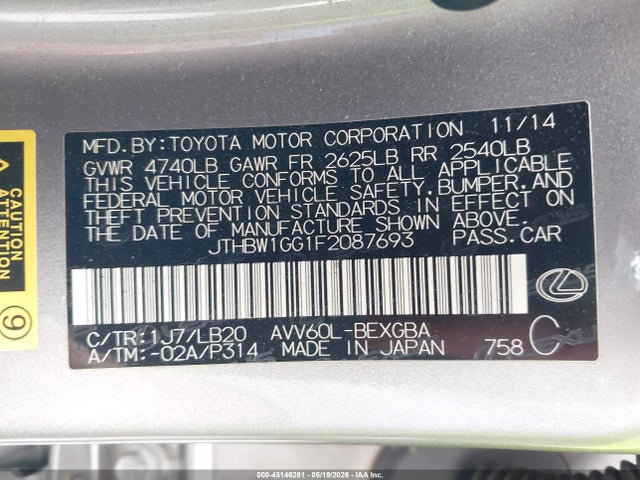 45146281 :رقم المزاد ، JTHBW1GG1F2087693 vin ، 2015 Lexus Es 300h مزاد بيع
