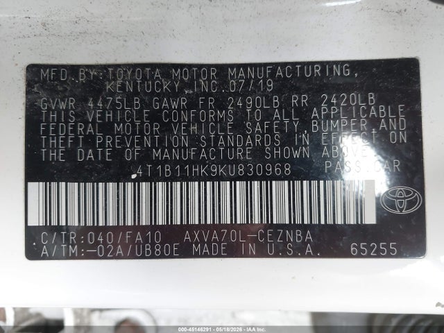 Продажа на аукционе авто 2019 Toyota Camry Le, vin: 4T1B11HK9KU830968, номер лота: 45146291