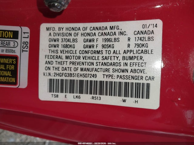 2014 Honda Civic Lx მანქანა იყიდება აუქციონზე, vin: 2HGFG3B51EH507249, აუქციონის ნომერი: 45146301